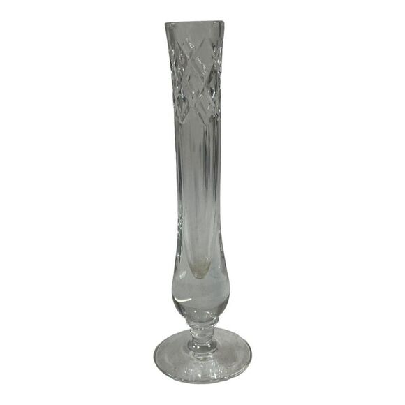 Elegant Crystal Bud Flower Vase 7" Pedestal Diamond Cut Glass At Top Narrow Thin - Picture 2 of 5